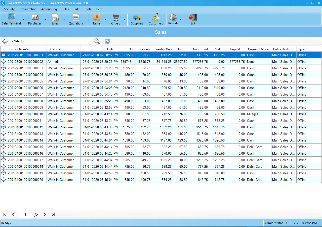 Back Office Sales Table View